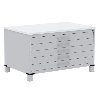 Mapoteca 5 Gavetas Pandin 120 Cm (larg) Inmetro Tampo Mdp Branco Estrutura Aço Cinza Gavetas Cinza
