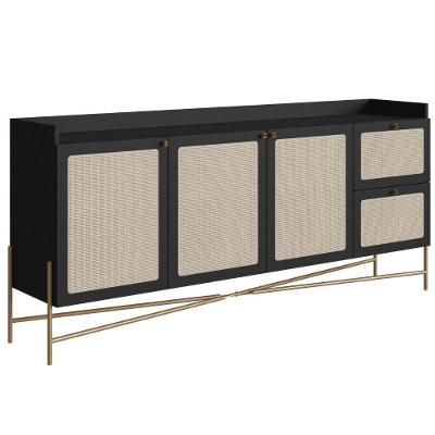 Balcão Buffet 3 Portas Oslo Artesano 183 Cm (largura) Mdp Nero Palha Sintética Bege Pé Metal Dourado