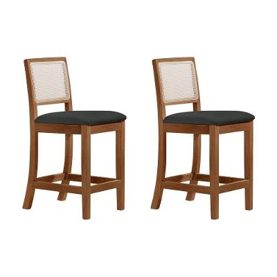 Kit 2 Banquetas Alta Luxos Em Tela Sextavadas Assento Estofado Linho Chumbo Rubi Madeira Maciça Imbu