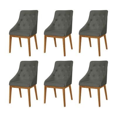 Kit 6 Cadeiras De Jantar Luxo Estofada Elisa Anatômica Capitonê Linho Chumbo Base Madeira Maciça Mel