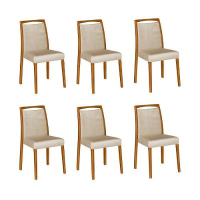 Kit 6 Cadeiras De Jantar Luxo Estofadas Jade Linho Bege Base Madeira Maciça Mel