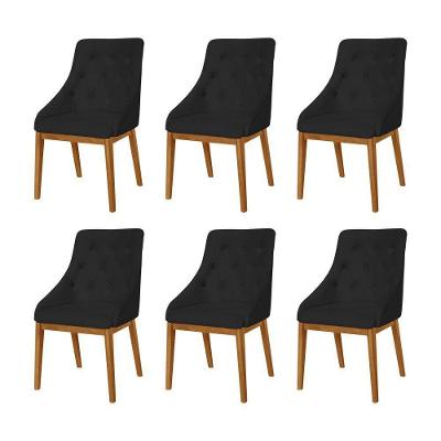 Kit 6 Cadeiras De Jantar Luxo Estofada Elisa Anatômica Capitonê Veludo Preto Base Madeira Maciça Mel