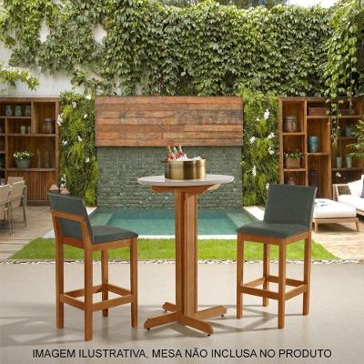 Kit 2 Banquetas Alta Luxo Pérola Com Encosto Estofada Em Linho Chumbo Madeira Maciça Castanho