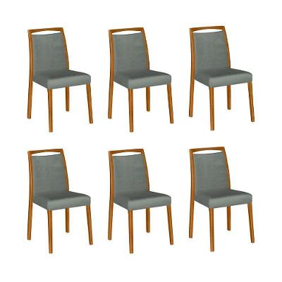 Kit 6 Cadeiras De Jantar Luxo Estofadas Jade Veludo Cinza Base Madeira Maciça Mel