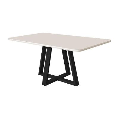 Mesa De Jantar Luxo 160x90 Tampo Mdf/vidro Para 6 Lugares Pés Madeira Maciça Pérola - Preto/off Whit