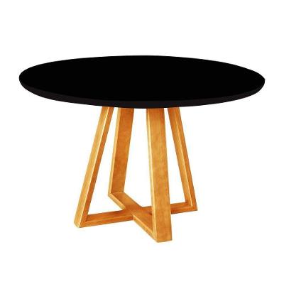 Mesa De Jantar Luxo Tampo Mdf/vidro Redonda Para 4 Lugares Pés Madeira Maciça Pérola - Mel/preto