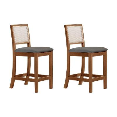 Kit 2 Banquetas Altas Luxo Em Tela Sextavadas Assento Estofado Linho Cinza Rubi Madeira Maciça Imbui