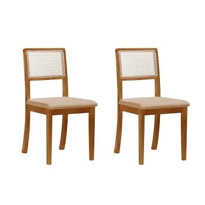 Kit 2 Cadeiras De Jantar Luxo Madeira Maciça Mel Encosto Telinha Palha Estofada Linho Bege Rubi