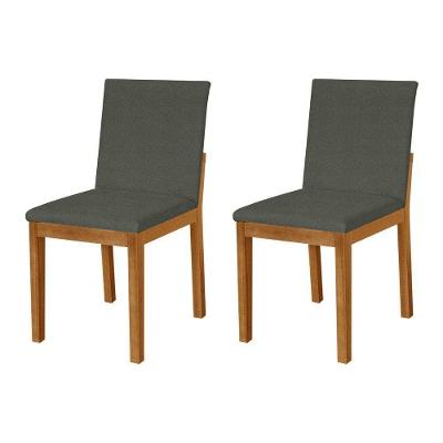 Kit 2 Cadeiras De Jantar Luxo Pérola Estofadas Em Linho Chumbo Base Madeira Maciça Mel