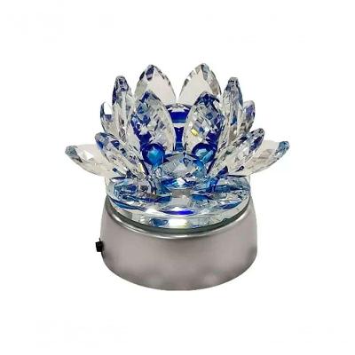Enfeite Escultura De Vidro Flor De Lotus De 10cm Com Base Espelhada Led Rgb Enfeite De Cristal Azul