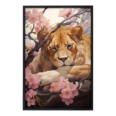 Quadro Decorativo Leão Flor Cerejeira Moldura Cx Alta 100x66 Titulos Moldura Preta
