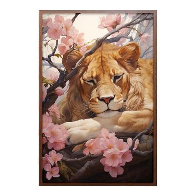 Quadro Decorativo Leão Flor Cerejeira Moldura Cx Alta 100x66 Titulos Moldura Madeira