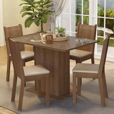 Conjunto Sala De Jantar Mesa Tampo De Vidro 4 Cadeiras Rustic/bege Camélia Madesa
