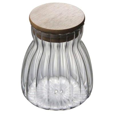 Pote Hermético Com Frisos Tampa Bambu Recipiente Vidro 450ml