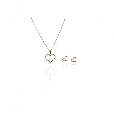 Conjunto Corações Com Zircônia Colorida Banhado Em Ouro 18k