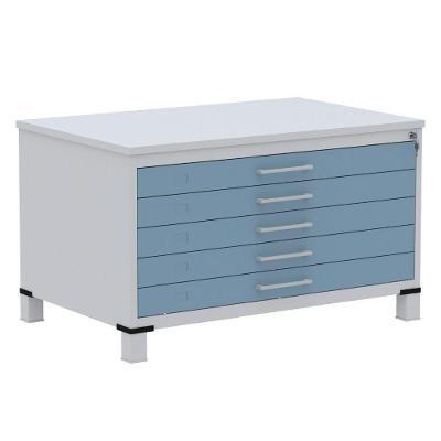 Mapoteca 5 Gavetas Pandin 120cm (larg) Inmetro Tampo Mdp Cinza Estrutura Aço Cinza Gaveta Azul Dali