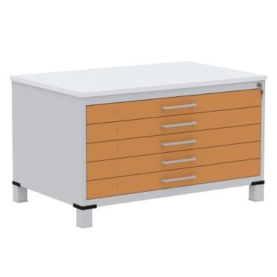 Mapoteca 5 Gavetas Pandin 120 Cm (larg) Inmetro Tampo Mdp Branco Estrutura Aço Cinza Gaveta Laranja