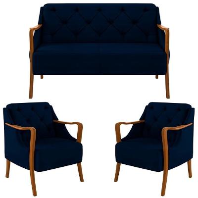 Kit Namoradeira 135cm E 2 Poltronas Decorativas Capitonê Lapa M22 Veludo Azul Marinho - Mpozenato