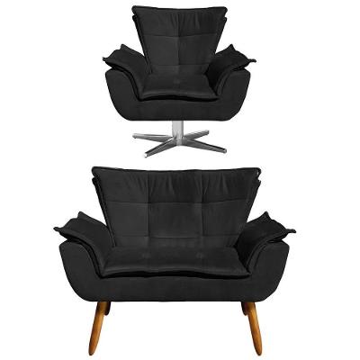 Kit Namoradeira 2 Lugares E 1 Poltrona Decorativa Giratória Cromada Opla Suede Preto - Ibiza