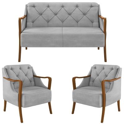 Kit Namoradeira 135cm E 2 Poltronas Decorativas Capitonê Lapa M22 Veludo Cinza - Mpozenato