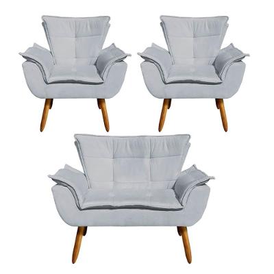 Kit Namoradeira 2 Lugares E 2 Poltronas Decorativas Pés Palito Opla Suede Cinza - Ibiza