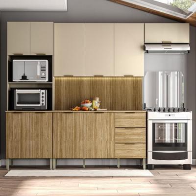 Armário De Cozinha Completa Com Balcão Com Tampo 10 Portas Glam Freijó Vanilla Com Ripado