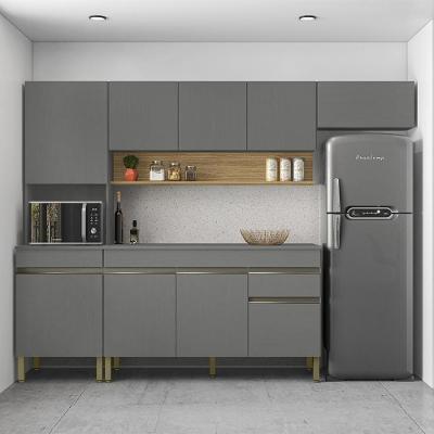 Armário De Cozinha Completa 150 Com Balcão Com Tampo 9 Portas Line Freijó Gris