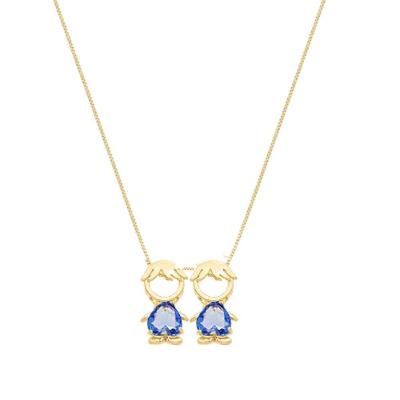 Colar Com Filhos Dois Meninos Cristal Azul Banhado Em Ouro