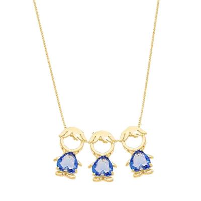 Colar Com Filhos Três Meninos Com Cristal Azul Banhado Ouro