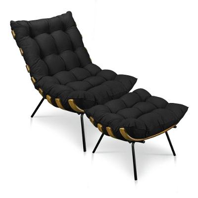 Kit Poltrona e Puff Costela Suede Base Metal Drossi Preto