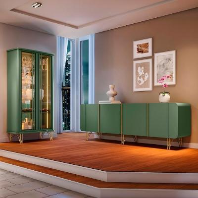 Kit De Aparador Buffet Saluti E Cristaleira Evora Pés De Aço Verde Pistache