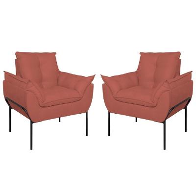 Kit 02 Poltronas Base Metal Preto Sala Quarto Balaqui Decor Rosa
