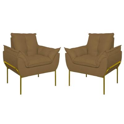 Kit 02 Poltronas Base Metal Dourada Sala Quarto Balaqui Decor Capuccino