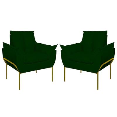 Kit 02 Poltronas Base Metal Dourada Sala Quarto Balaqui Decor Verde