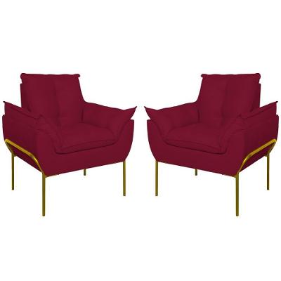 Kit 02 Poltronas Base Metal Dourada Sala Quarto Balaqui Decor Marsala