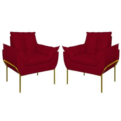 Kit 02 Poltronas Base Metal Dourada Sala Quarto Balaqui Decor Vermelho