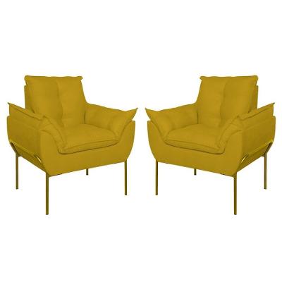 Kit 02 Poltronas Base Metal Dourada Sala Quarto Balaqui Decor Amarelo