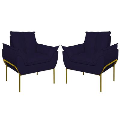 Kit 02 Poltronas Base Metal Dourado Sala, Quarto Escritório Azul Marinho