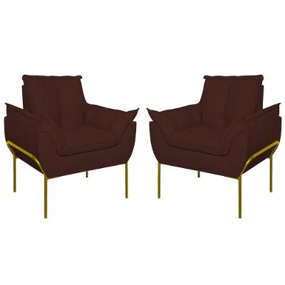 Kit 02 Poltronas Base Metal Dourado Sala, Quarto Escritório Marrom