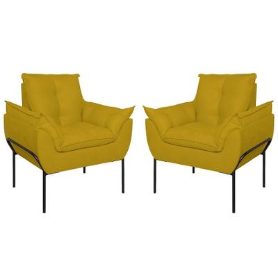 Kit 02 Poltronas Base Metal Preto Sala, Quarto Escritório Amarelo