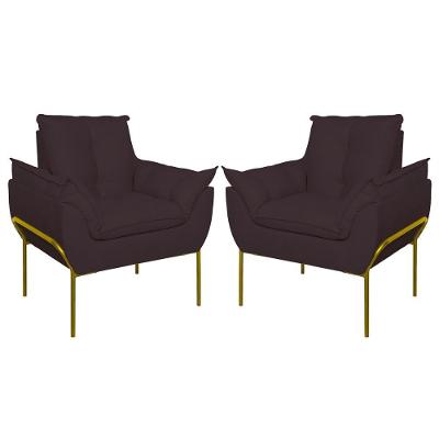 Kit 02 Poltronas Base Metal Dourado Sala, Quarto Escritório Cinza