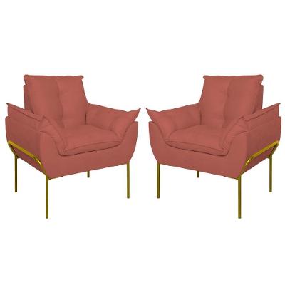 Kit 02 Poltronas Base Metal Dourada Sala Quarto Balaqui Decor Rosa