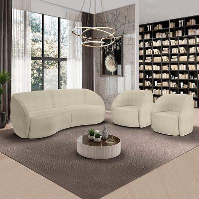 Conjunto Sofá Sala De Estar Bipartido 288cm E 2 Poltronas Clarke Bouclê Bege G45 - Gran Belo