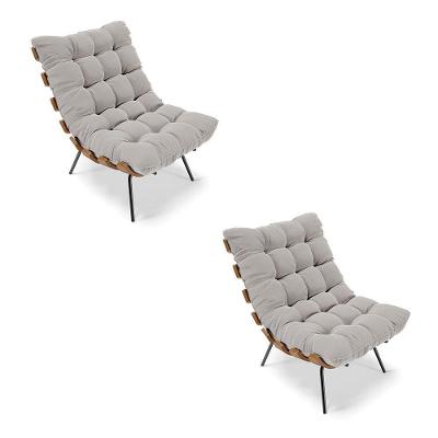 Kit 02 Poltronas Costela Veludo Cinza Base Metálica Preto