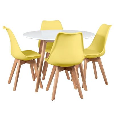 Mesa Redonda 100cm Branco + 4 Cadeiras Amarelo