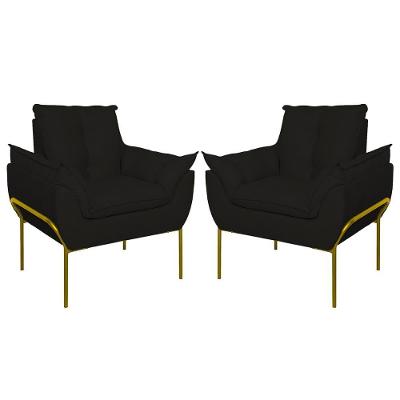 Kit 02 Poltronas Base Metal Dourado Sala, Quarto Escritório Preto