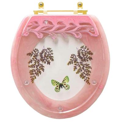 Assento Sanitário Decorado Oval Convencional Rosa Quartzo Com Borboleta Verde Para Todas As Marcas Com Ferragem Dourada
