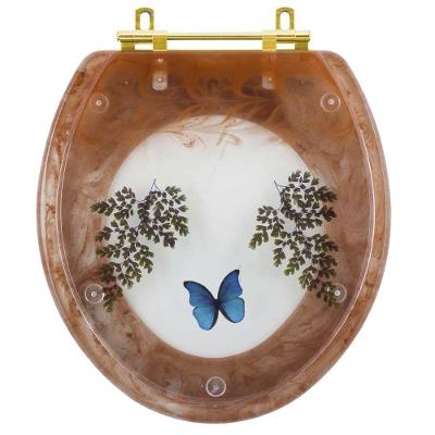 Assento Sanitário Decorado Oval Convencional Caramelo Com Borboleta Azul Com Ferragem Dourada