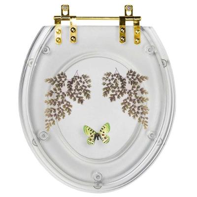Assento Sanitário Decorado Oval Convencional Transparente Com Borboleta Verde Para Todas As Marcas Com Ferragem Dourada