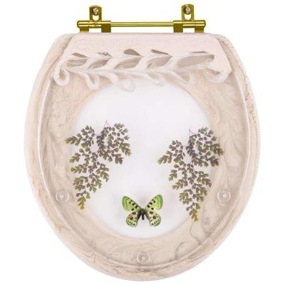 Assento Sanitário Decorado Oval Convencional Creme Com Borboleta Verde Para Todas As Marcas Com Ferragem Dourada